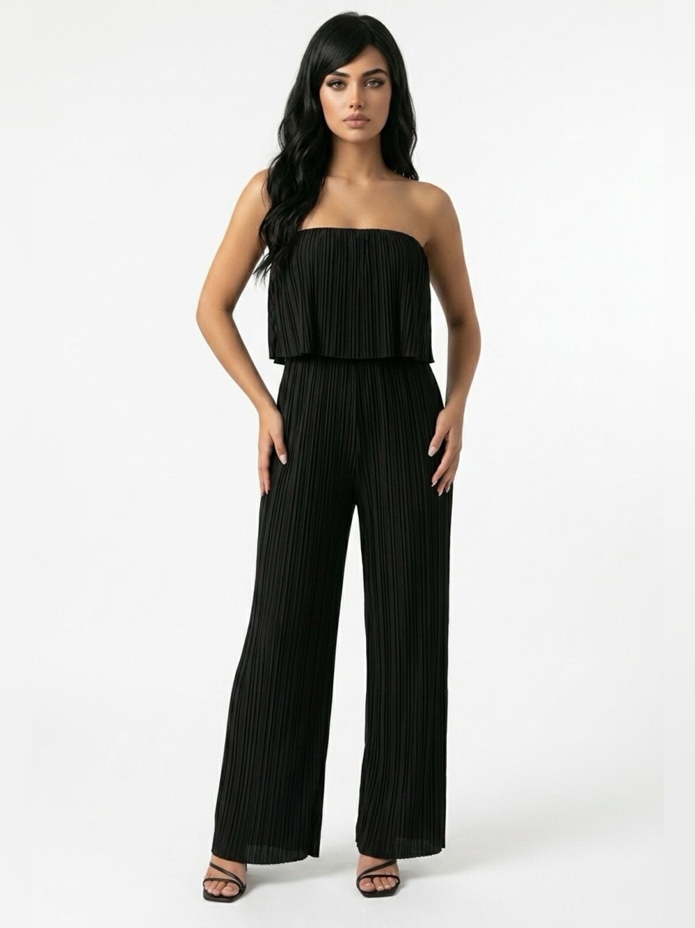 Poema Black Strapless Pleated Wide-Leg Jumpsuit